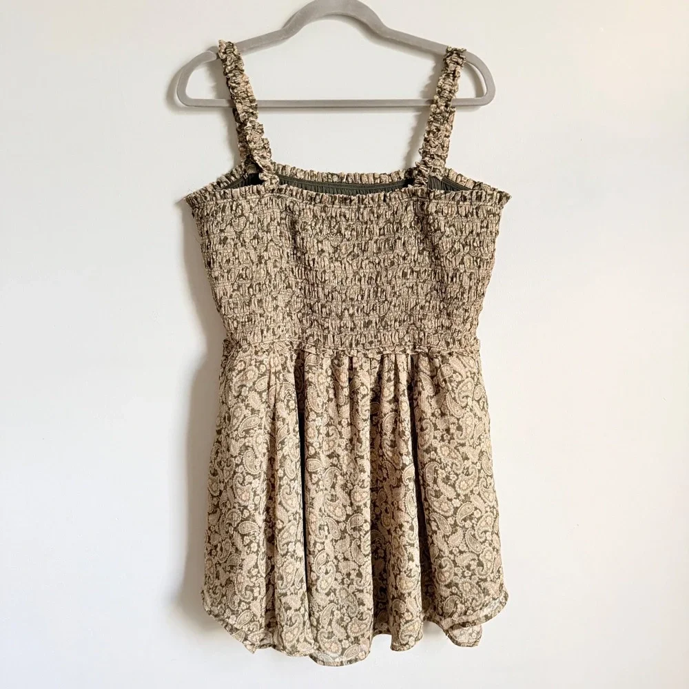 American Eagle Paisley Smocked‎ Mini Dress Olive Green Boho Ruffle XL